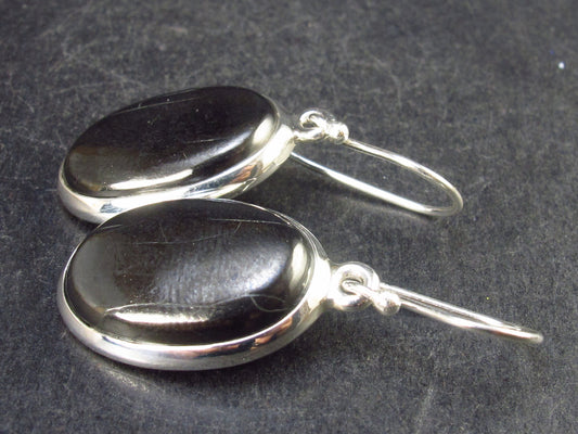 Natural Shungite Oval Dangle Shepherd Hook Earrings From Russia - 1.4" - 6.1 Grams