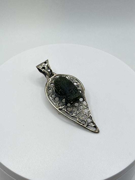 Natural Moldavite Pendant | Sterling Silver | Tektite from Czech Republic | Unique Green Crystal Jewelry - 9.75 Grams