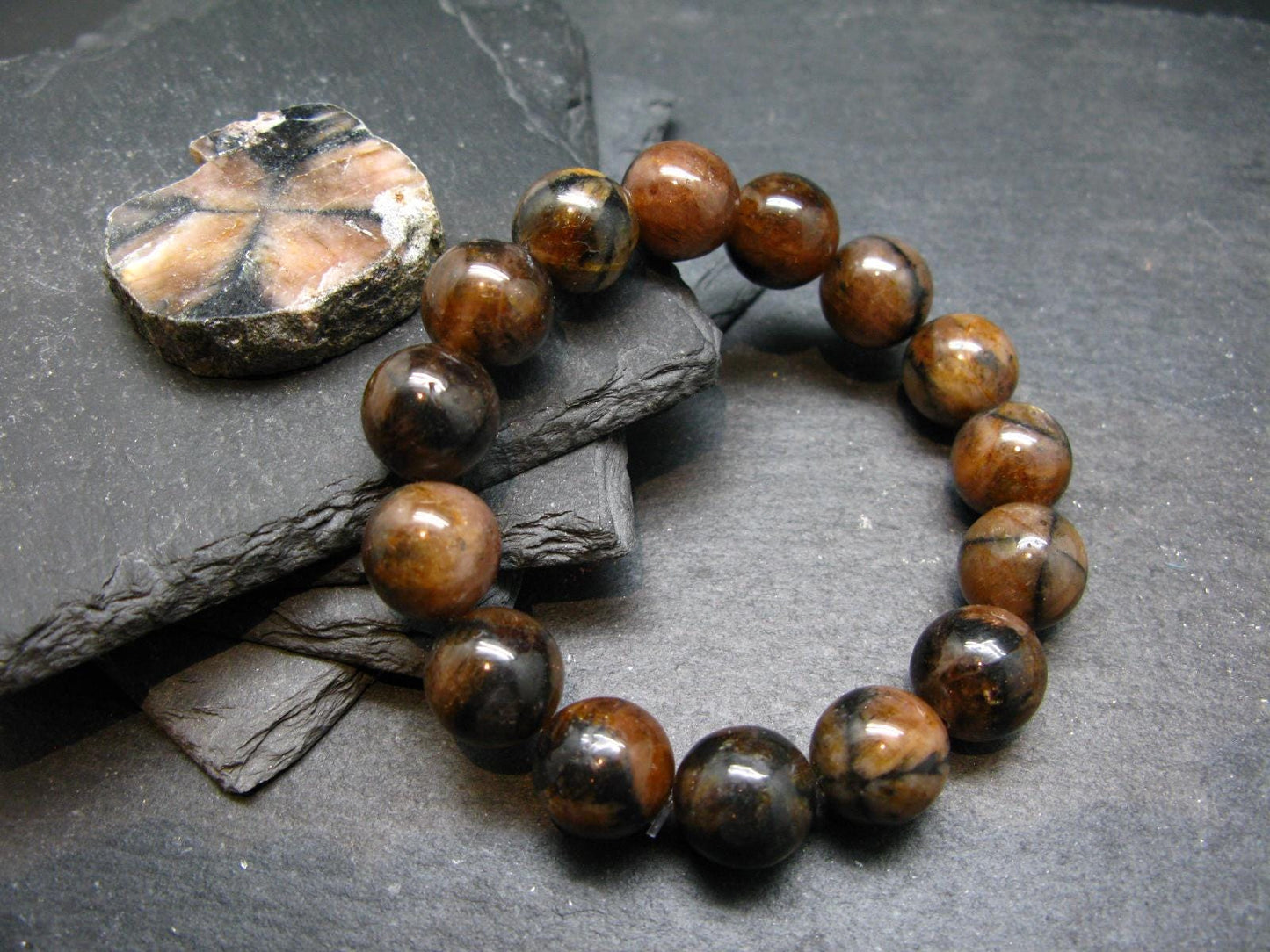 Andalusite Chiastolite Genuine Bracelet ~ 7 Inches ~ 14mm Round Beads