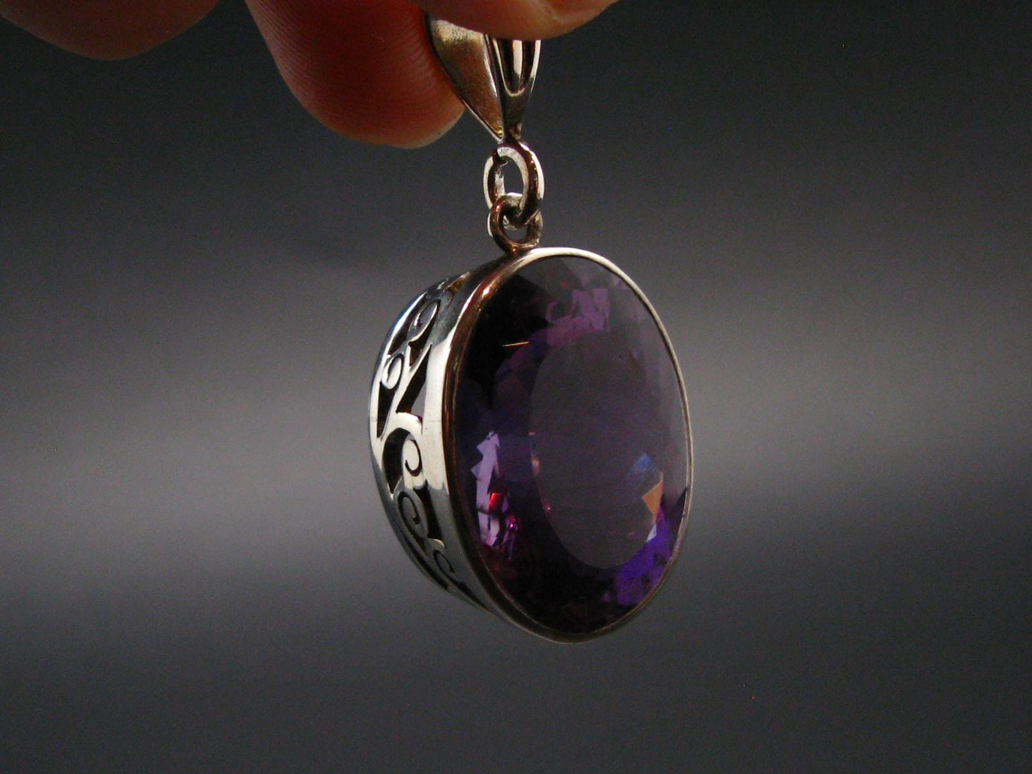 Large Genuine Rich Purple Faceted Amethyst Sterling Silver Pendant From Brazil - 1.7" - 11.83 Grams