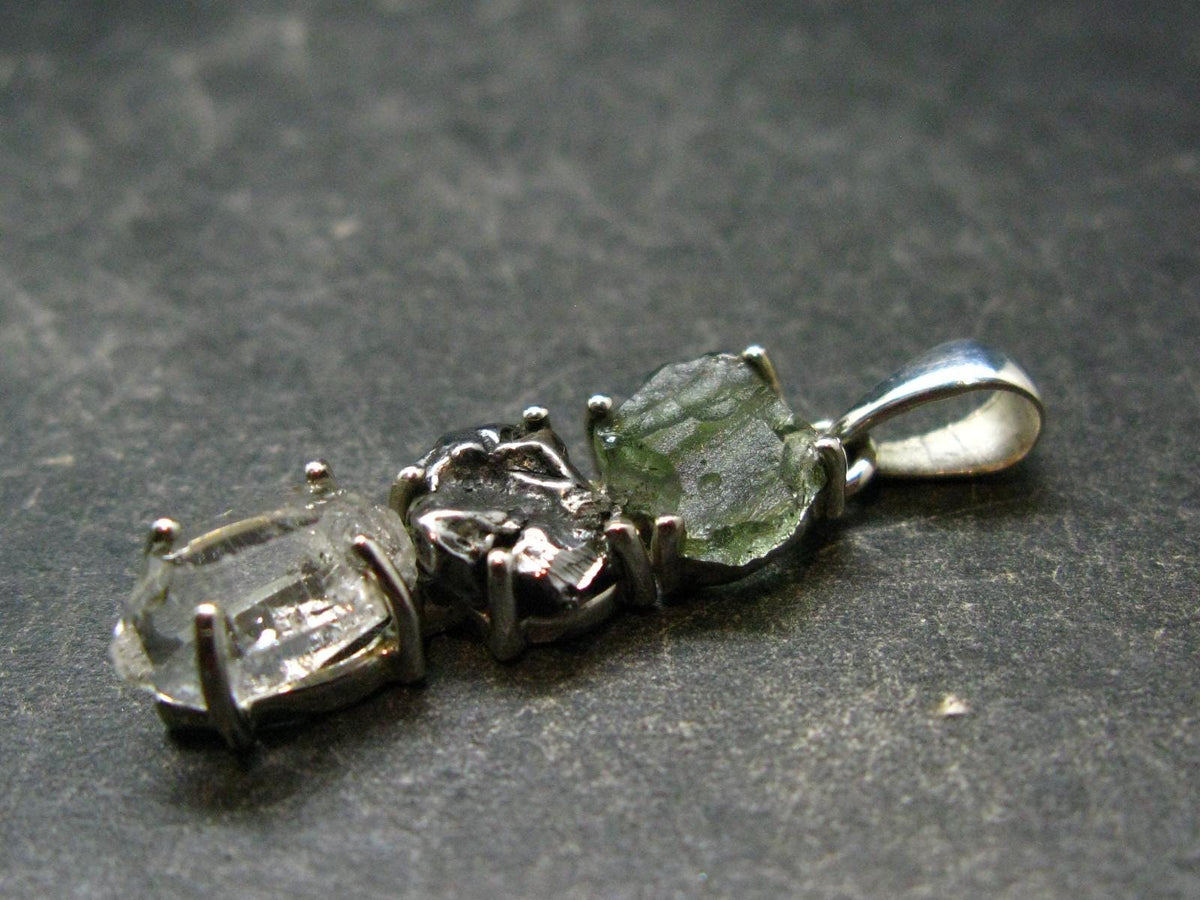Moldavite Herkimer Meteorite Sterling Silver |Pendant From Czech Republic - 1.4" - 3.21 Grams