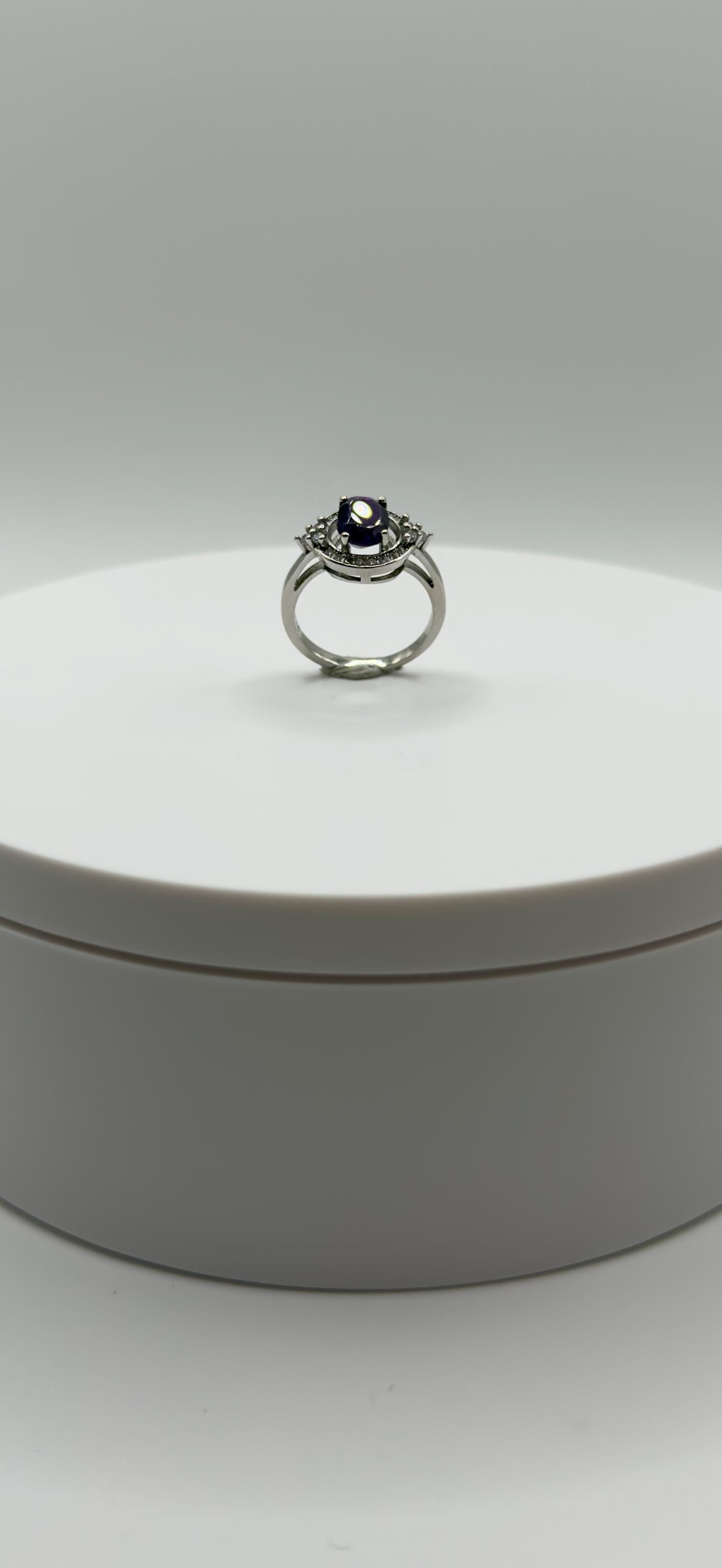 Amethyst Ring – Faceted Oval Cut – Silver Halo Design – Elegant Statement Ring - Size 6