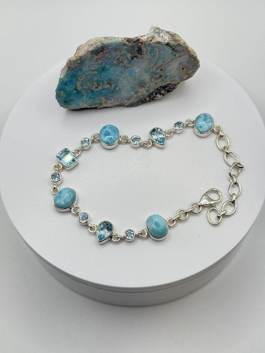 Larimar and Blue Topaz Silver Bracelet Ocean Gemstone Adjustable Link Bracelet Gift