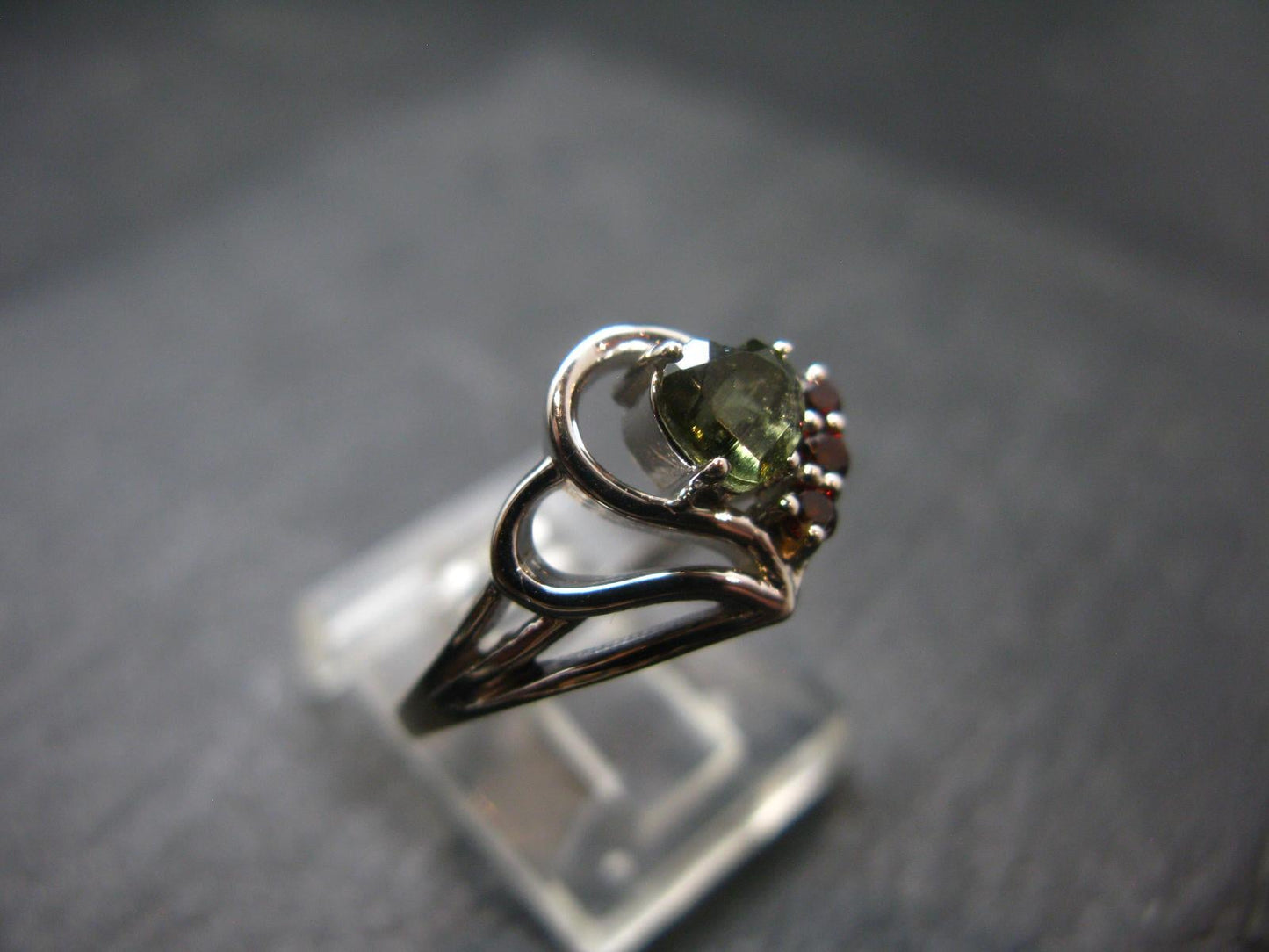 Moldavite & Red Garnet Sterling Silver Ring From Czech Republic - Size 8.5 - 2.61 Grams