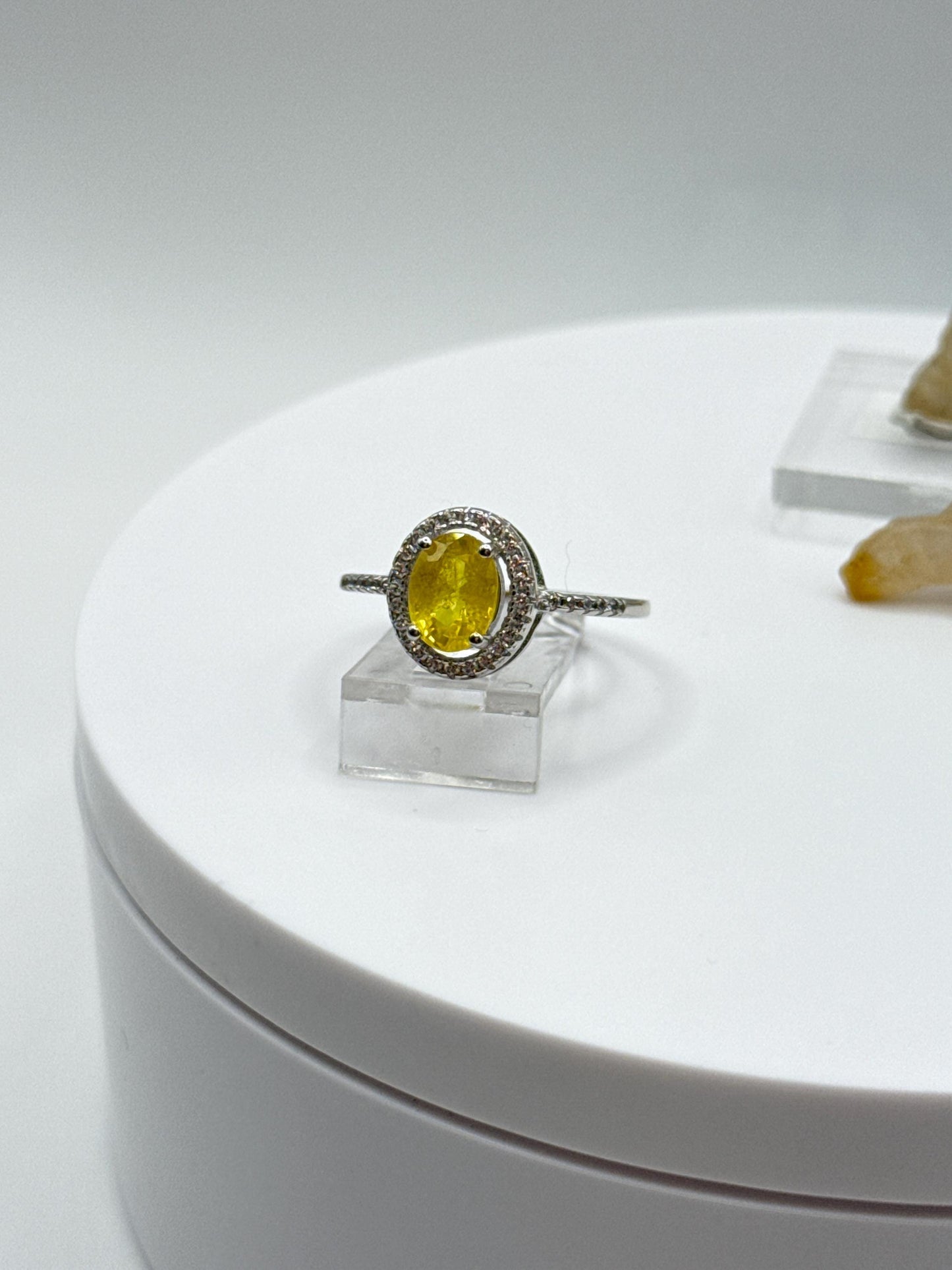 Yellow Sapphire Halo Ring | Sterling Silver, September Birthstone (Size 8)