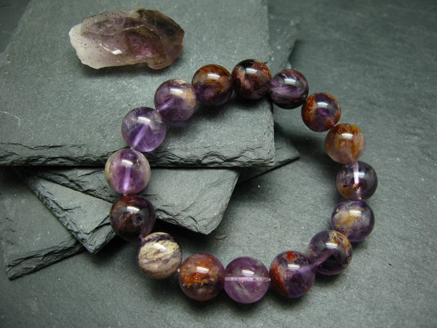 Cacoxenite in Amethyst Genuine Bracelet ~ 7 Inches ~ 12mm Round Beads