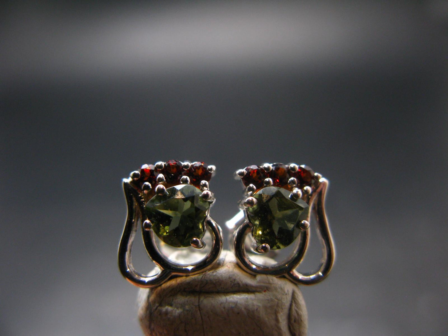 Moldavite Tektite & Red Garnet Silver Earrings from Czech Republic - 2.05 Grams