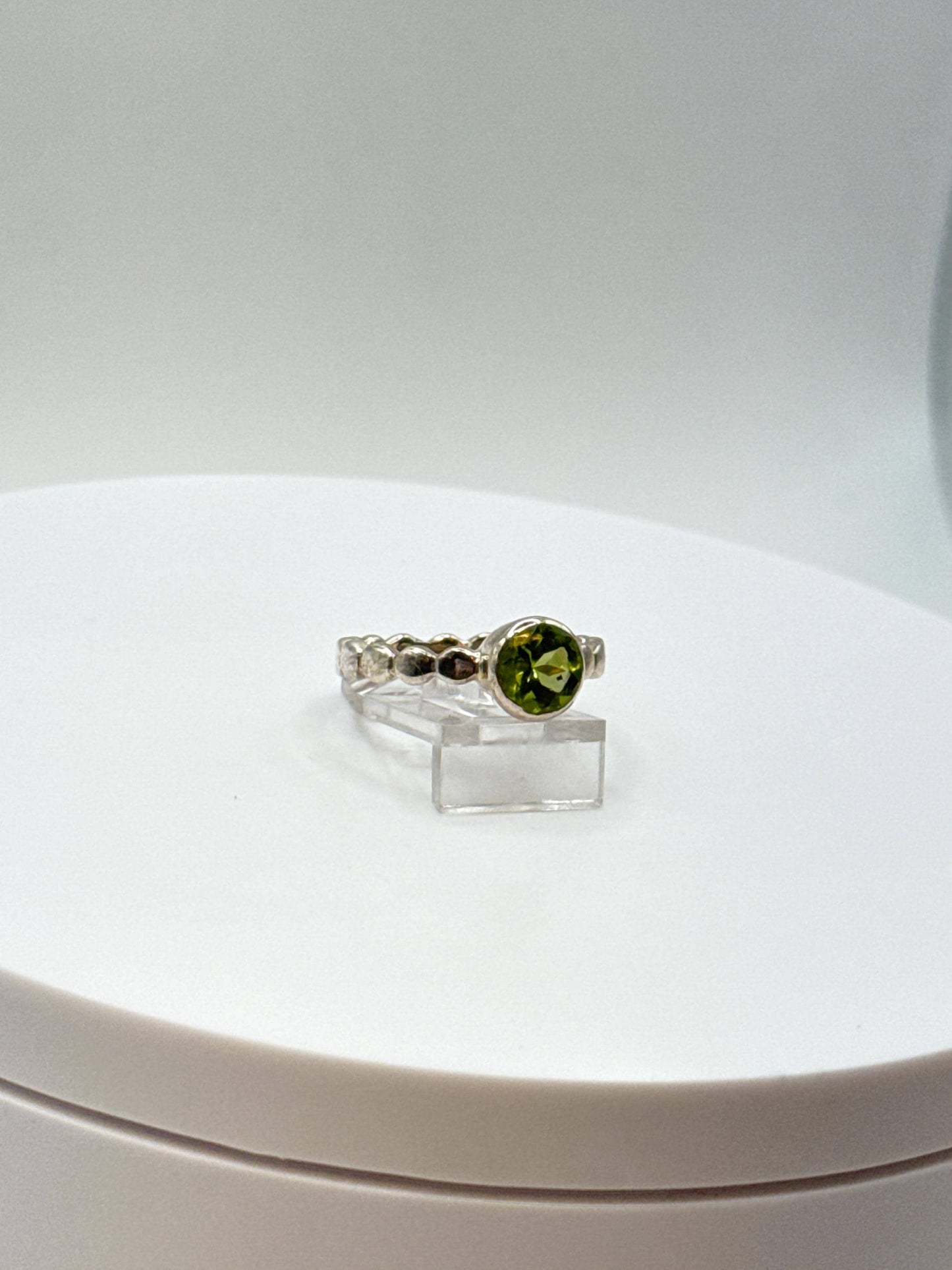 Beaded Peridot Ring | Natural Green Peridot in Sterling Silver | August Birthstone Jewelry - Size 8
