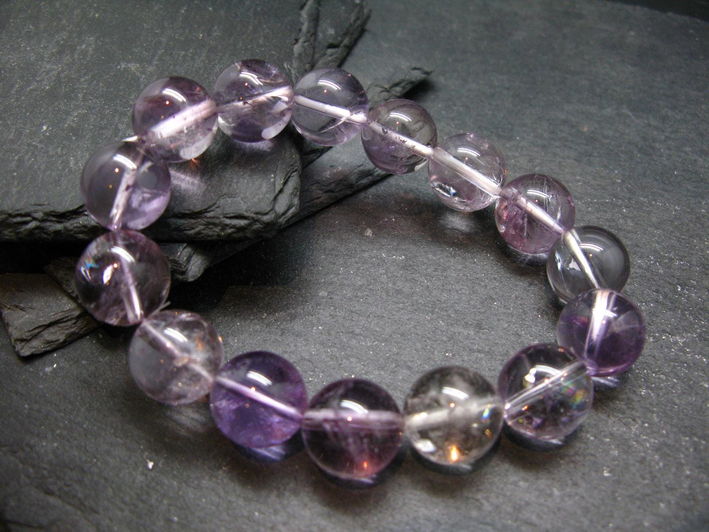 Ametrine Genuine Bracelet ~ 7.5 Inches ~ 15mm Round Beads