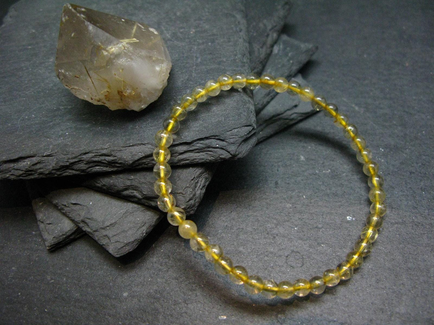 Rutilated Quartz Genuine Bracelet ~ 7 Inches ~ 4mm Round Beads