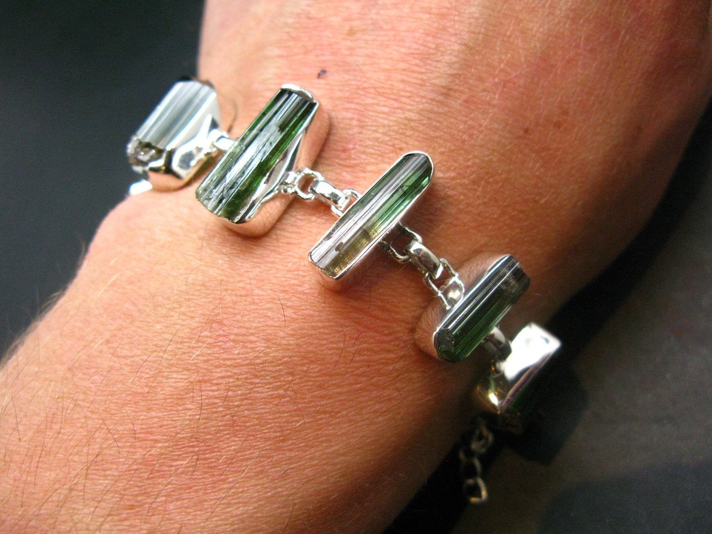 Watermelon Tourmaline Silver Bracelet From Brazil- 7" - 25.4 Grams