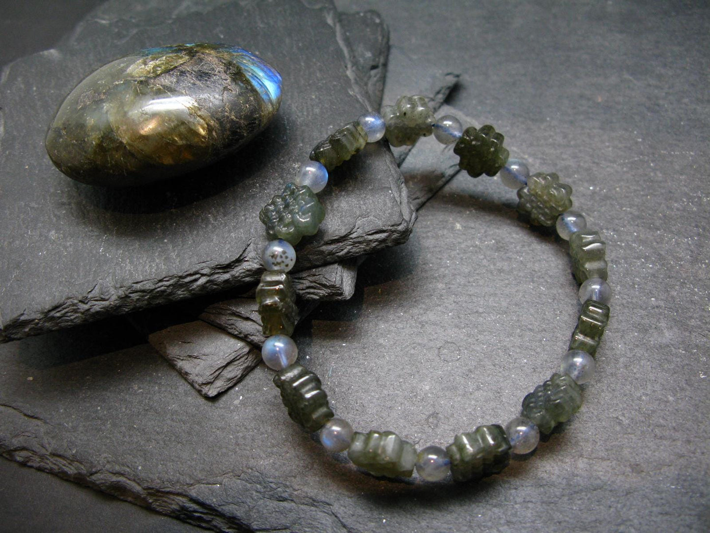Labradorite Genuine Bracelet ~ 7.5 Inches ~ Carving Beads
