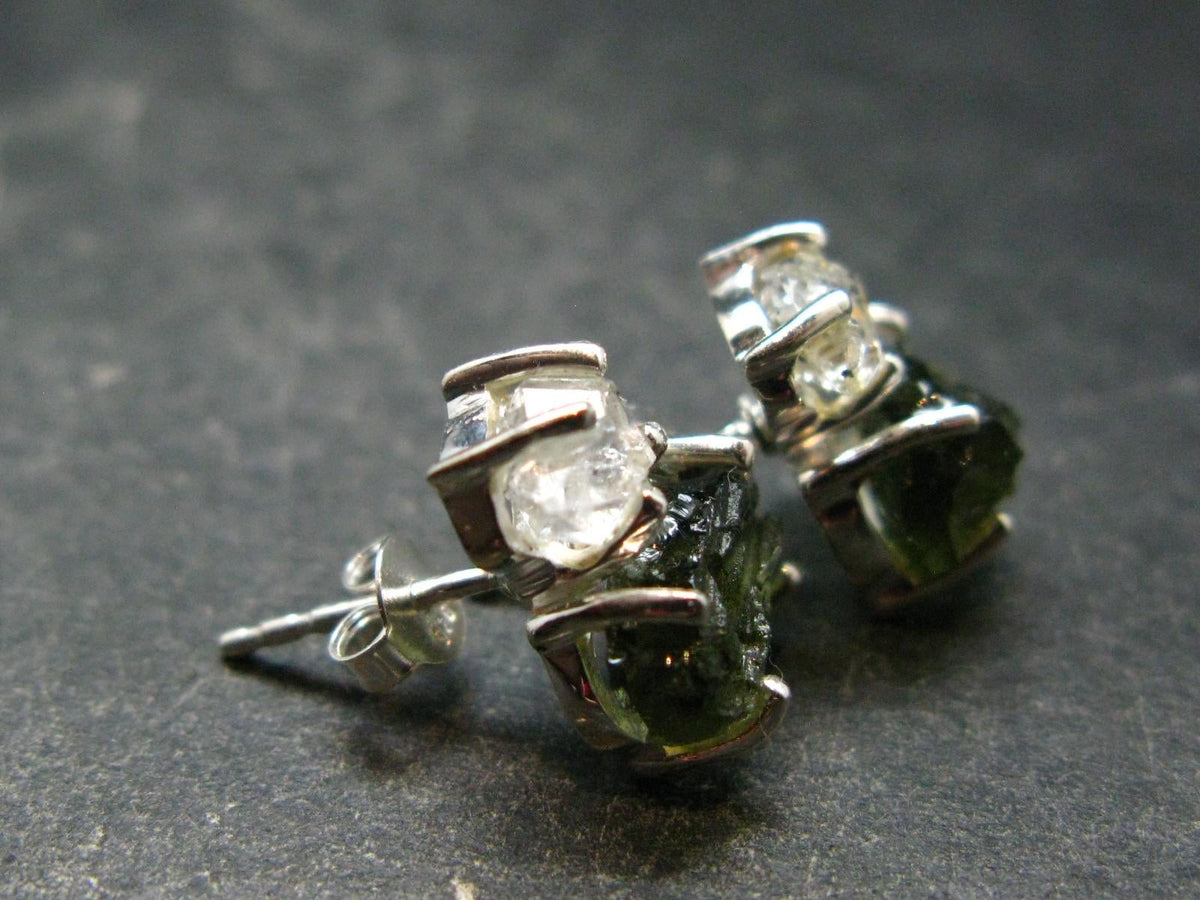 Moldavite & Herkimer Diamond Silver Stud Earrings - 0.7" - 2.64 Grams