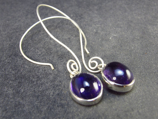 Oval Shaped Cabochon Natural Amethyst 925 Sterling Silver Drop Earrings - 2.0" - 3.96 Grams