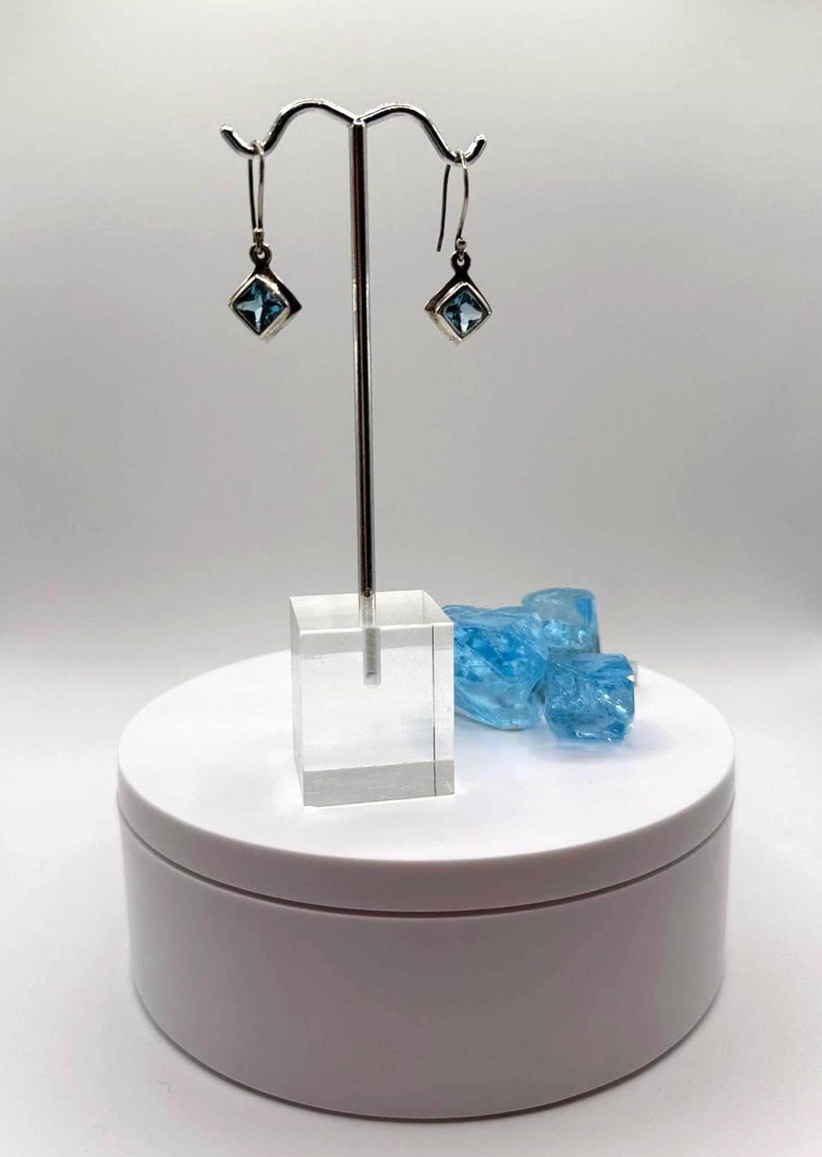 Swiss Blue Topaz Drop Earrings in Geometric Silver Frame - Weight 3.61 Grams