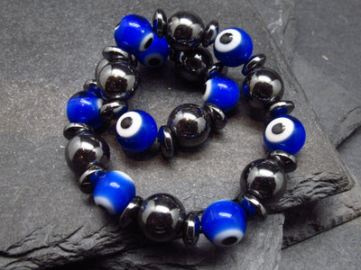 Evil Eye & Hematite Genuine Bracelet ~ 7 Inches ~ 8mm Round Beads