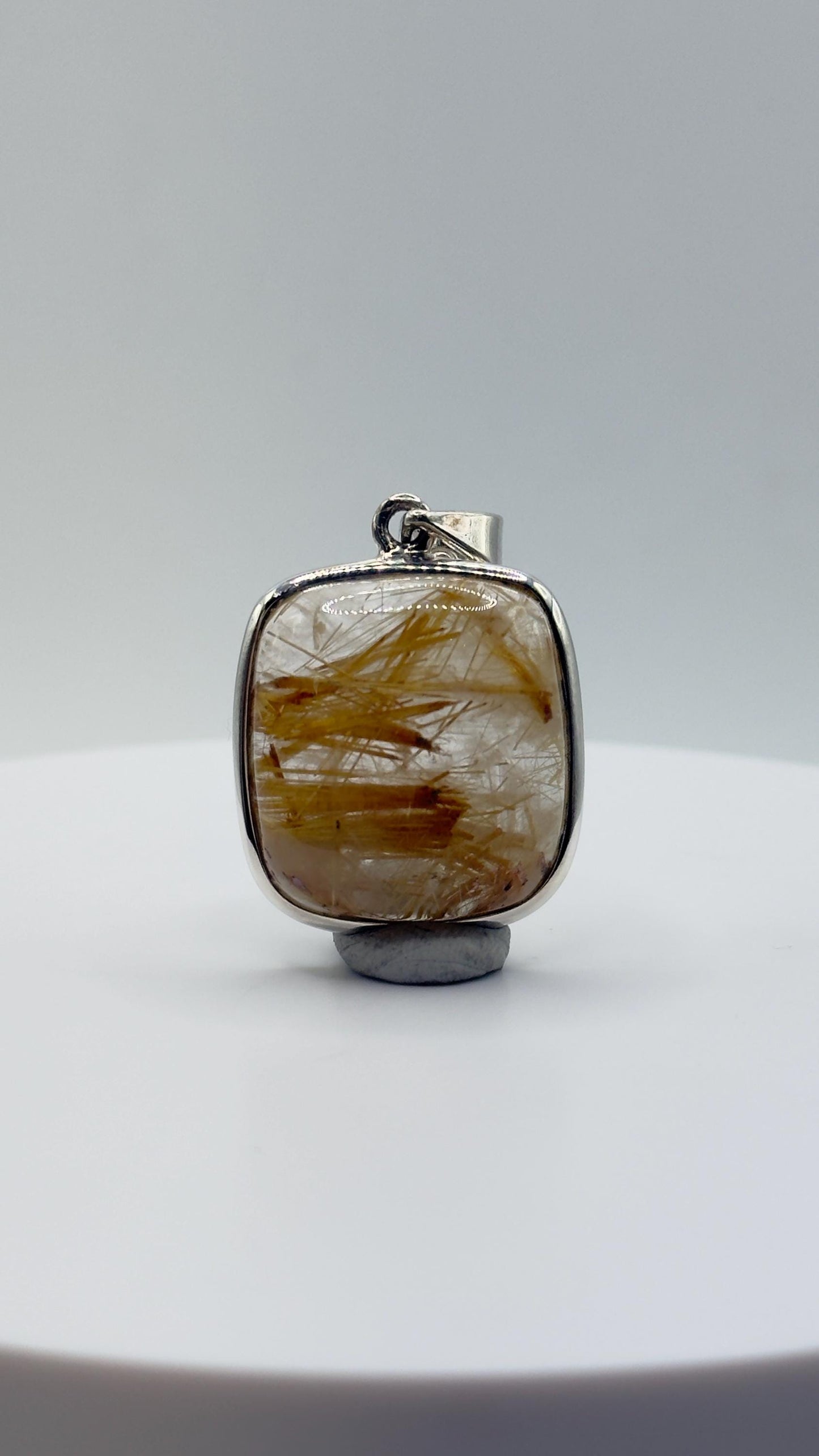 Golden Needle Inclusion Quartz Cushion Pendant – Natural Crystal in Sterling Silver