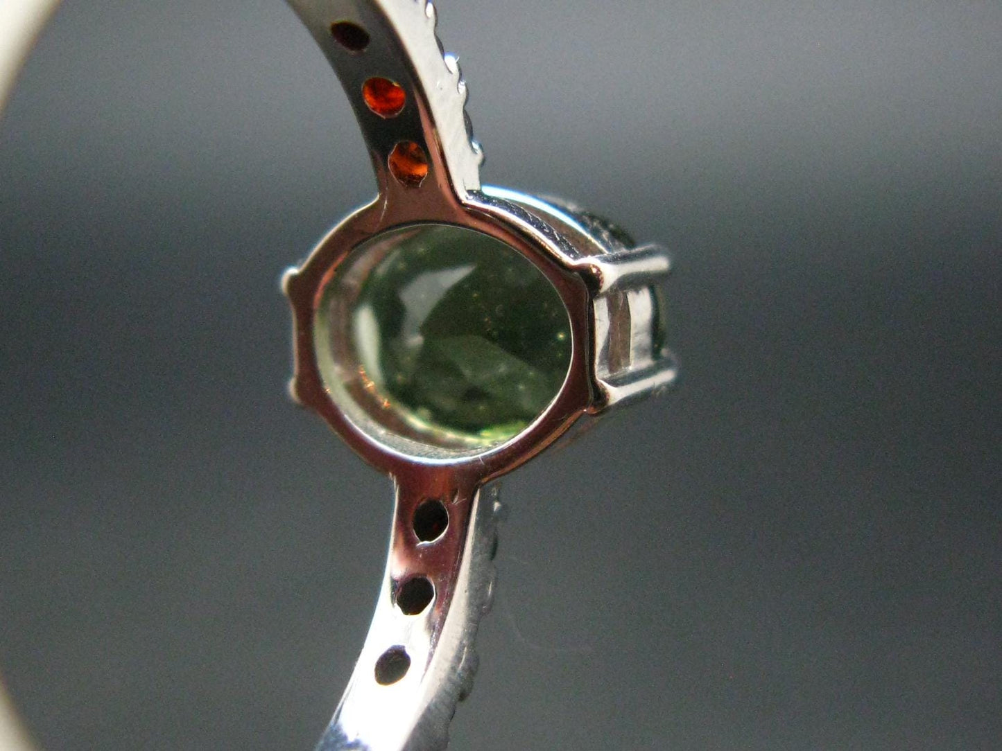 Moldavite Tektite and Red Garnet Silver Ring from Czech Republic - Size 9 - 2.53 Grams