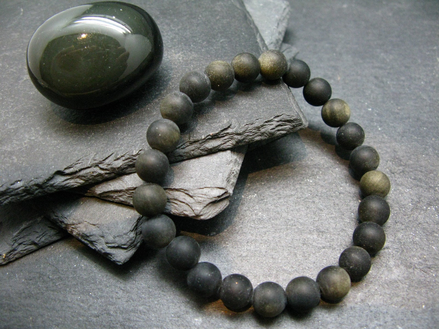 Goldsheen Obsidian Genuine Bracelet ~ 7 Inches ~ 8mm Round Beads