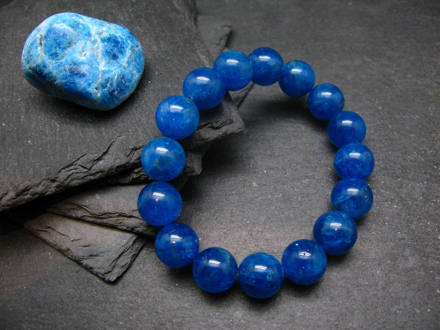 AAA Grade Neon Blue Apatite Genuine Bracelet ~ 7 Inches ~ 12mm Round Beads