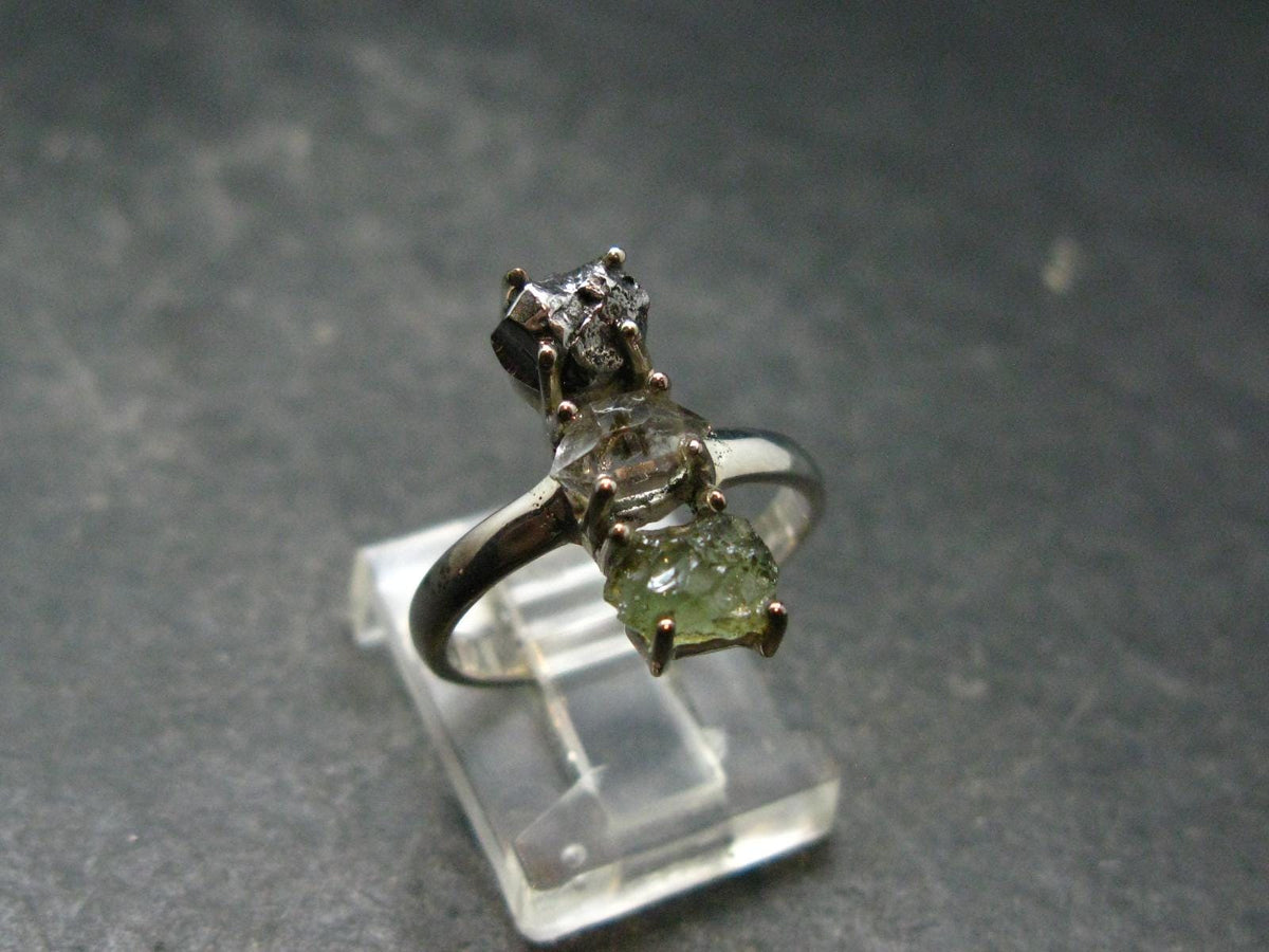 Moldavite Herkimer Meteorite Sterling Silver Ring From Czech Republic - Size 7 - 3.08 Grams