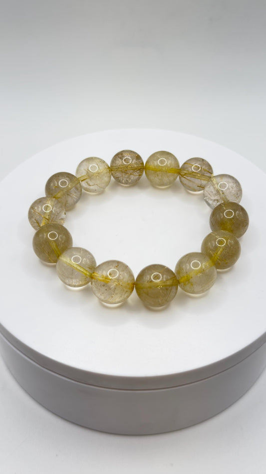 Golden Rutilated Quartz Bead Bracelet – Natural Gemstone Stretch Jewelry