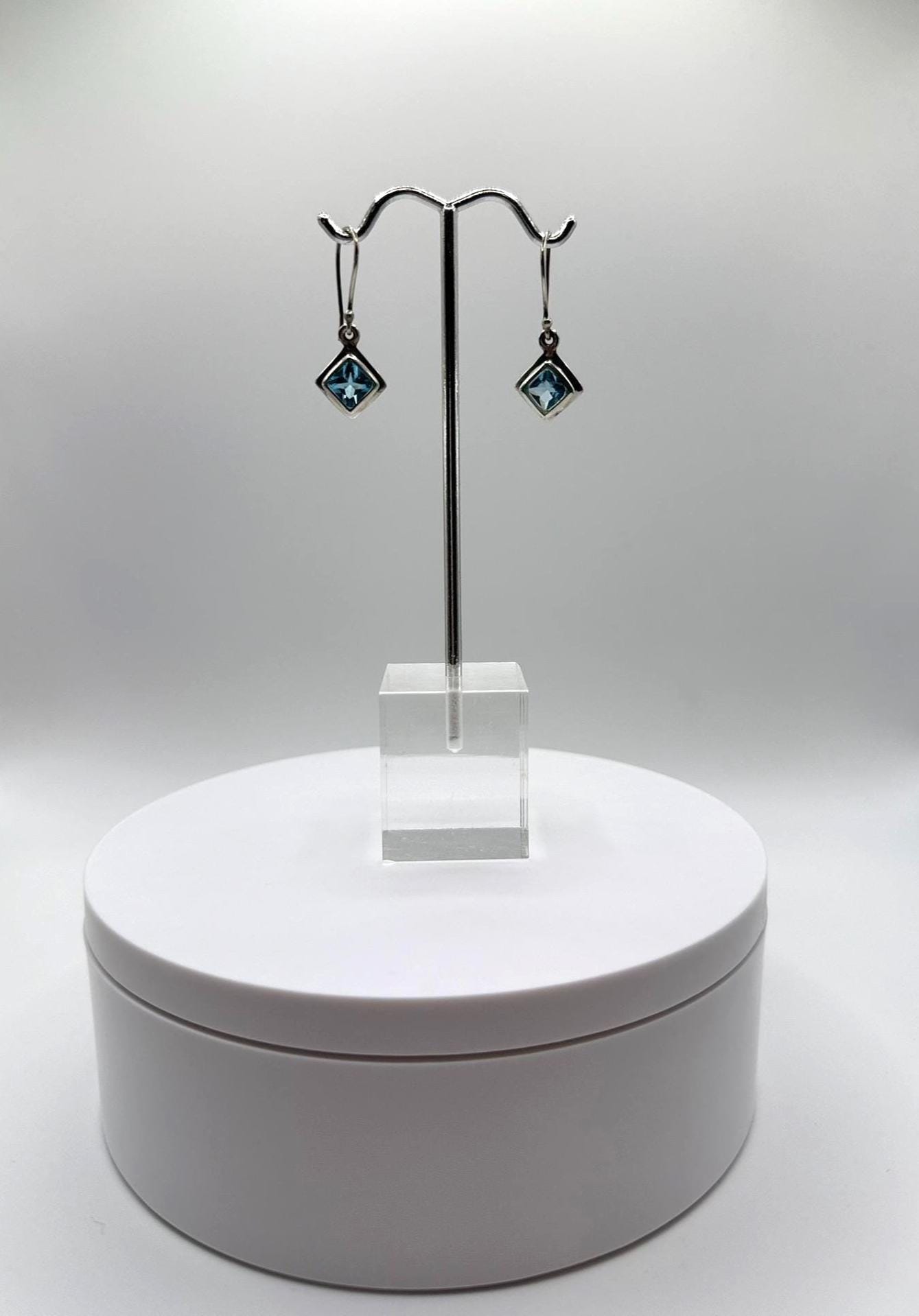 Swiss Blue Topaz Drop Earrings in Geometric Silver Frame - Weight 3.61 Grams
