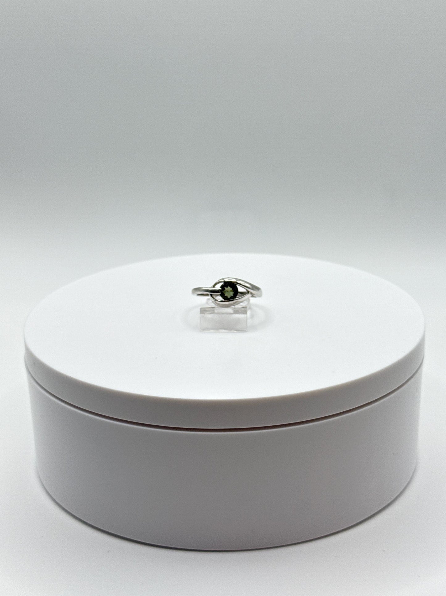 Sterling Silver Moldavite Ring – Round Cut Gemstone with Silver Surround - Size 8