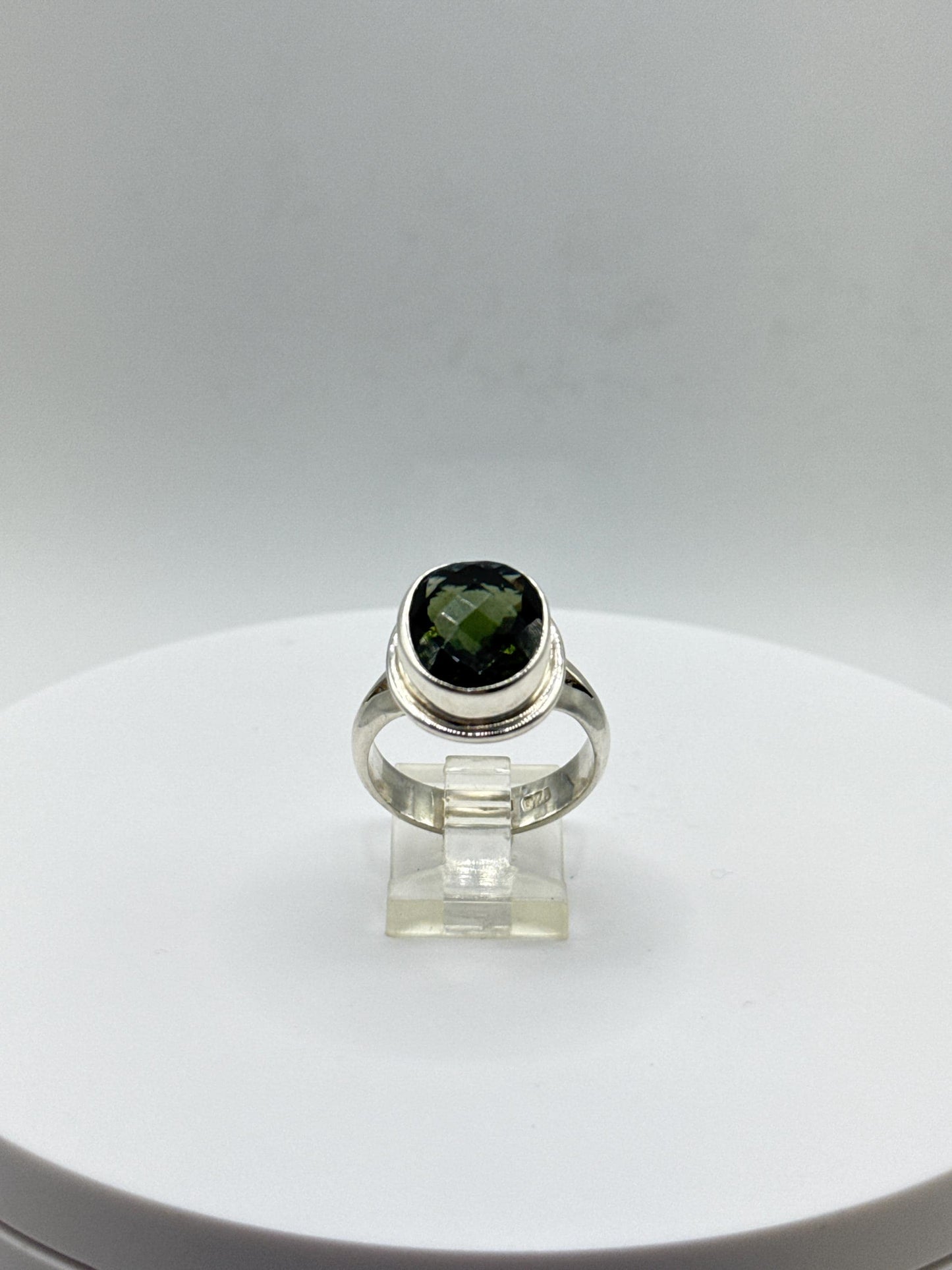 Faceted Moldavite Sterling Silver Ring | Czech Tektite, Size 10