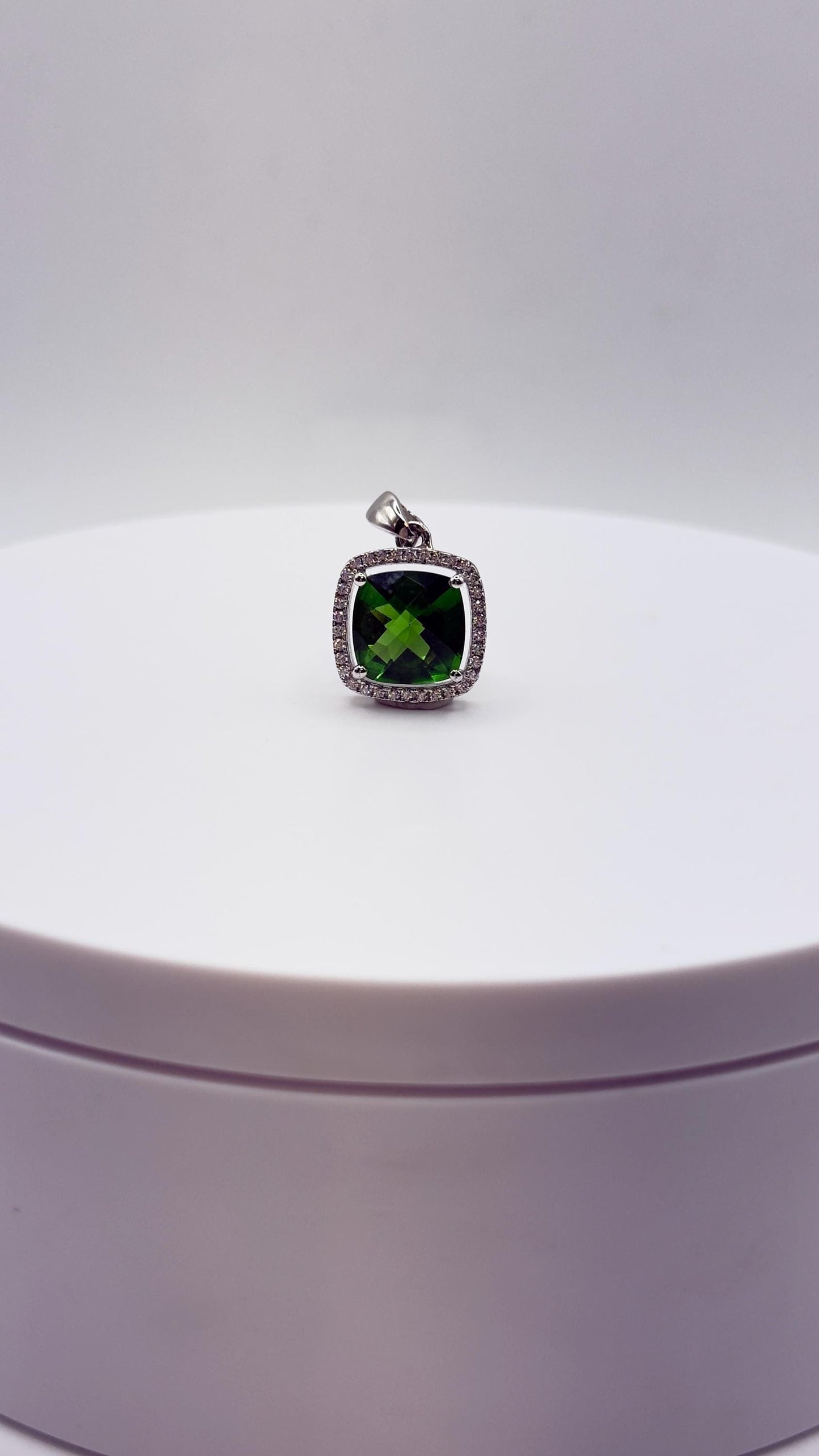 Green Helenite Cushion Cut Halo Pendant – Sterling Silver Statement Gemstone Necklace Pendant
