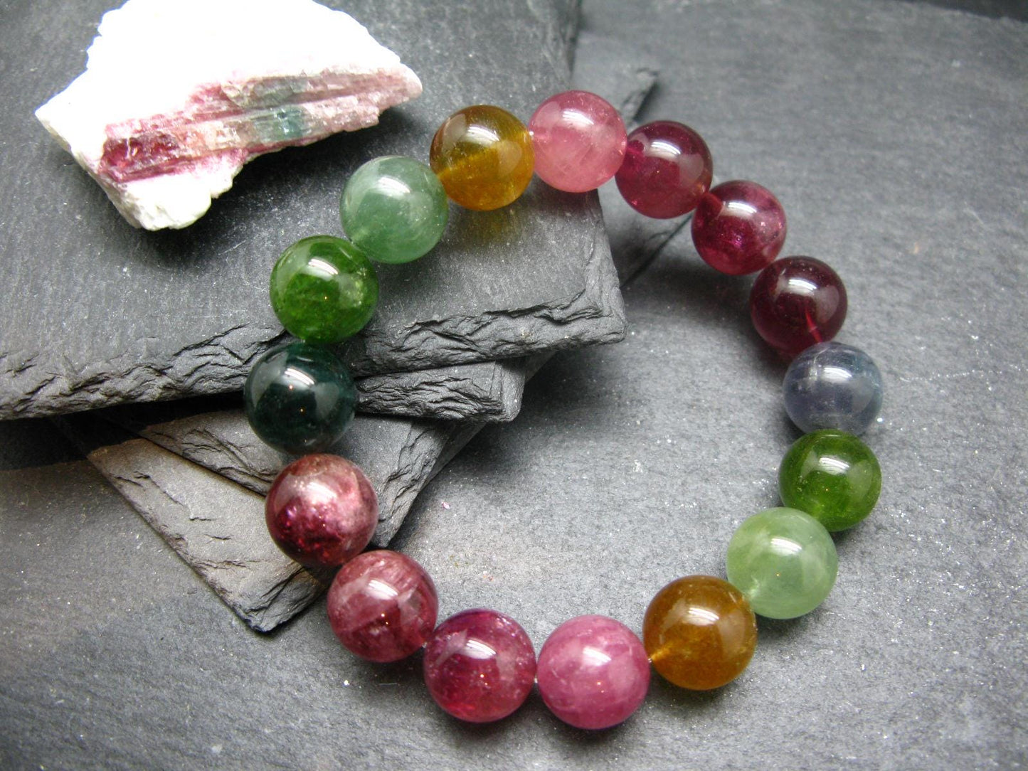 AAA Grade Gem Watermelon Bicolor Tourmaline Genuine Bracelet ~ 7.5 Inches ~ 13mm Round Beads