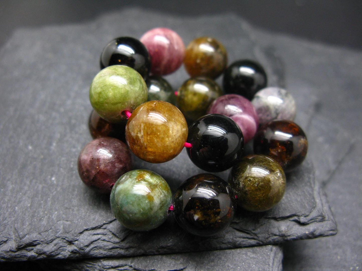 Gem Watermelon Bicolor Tourmaline Genuine Bracelet ~ 7 Inches ~ 12mm Round Beads