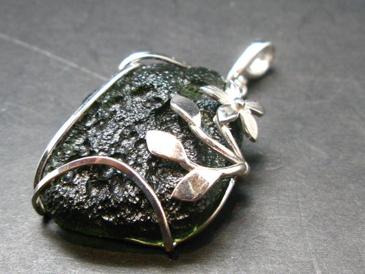 Gem Moldavite Tektite SS Pendant From Czech Republic - 1.8" - 13.1 Grams