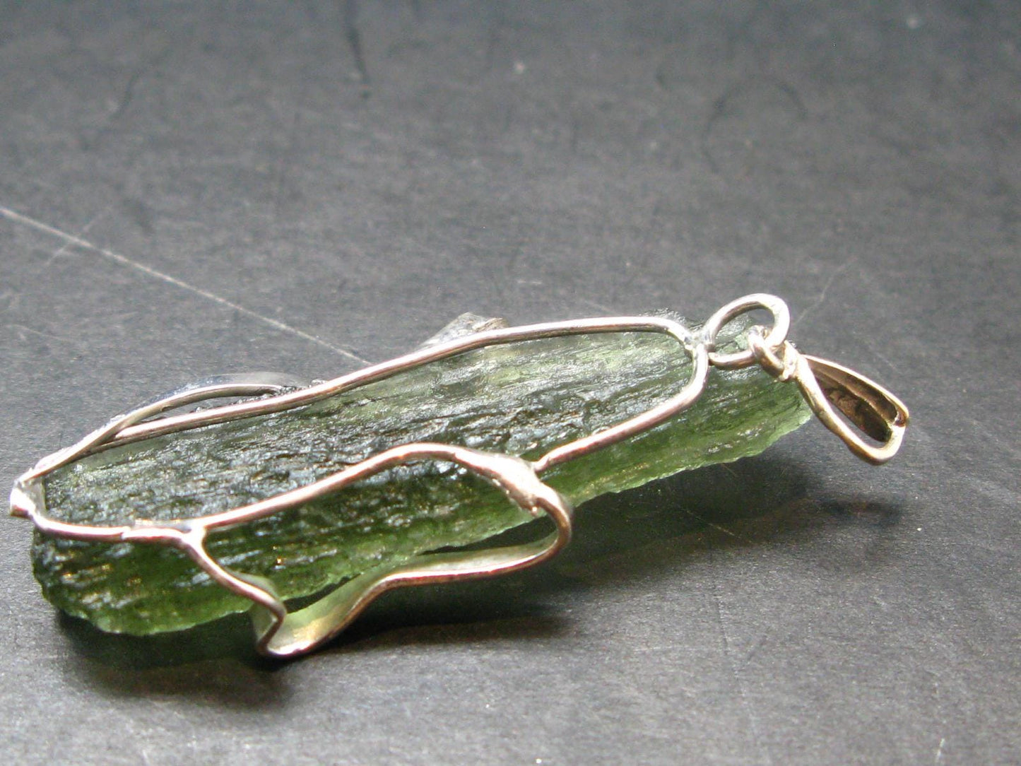 Gem Moldavite Tektite SS Pendant From Czech Republic - 1.8" - 5.1 Grams
