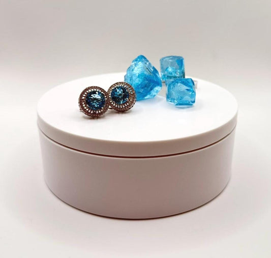Swiss Blue Topaz Stud Earrings with Double Halo in Sterling Silver - Weight 9.08 Grams