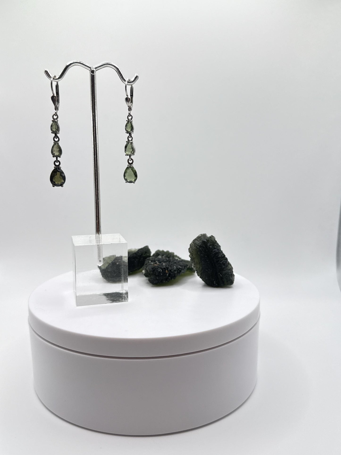 Faceted Moldavite Sterling Silver Drop Earrings - Weight 3.93 Grams