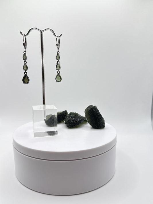 Faceted Moldavite Sterling Silver Drop Earrings - Weight 3.93 Grams