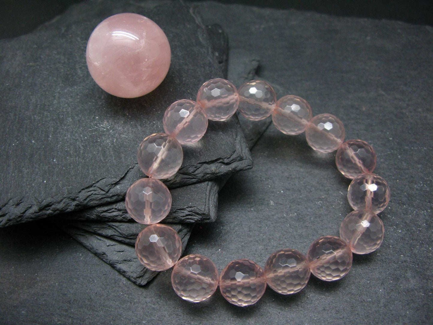 Rose Quartz Genuine Bracelet ~ 7 Inches ~ 14mm Facetted Beads