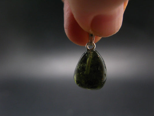Gem Moldavite Tektite SS Pendant From Czech Republic - 0.8" - 1.5 Grams