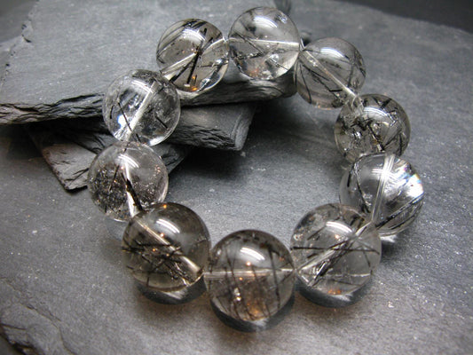Tourmalinated Quartz w/ Black Tourmaline Genuine Bracelet ~ 7 Inches ~ 20mm Round Beads