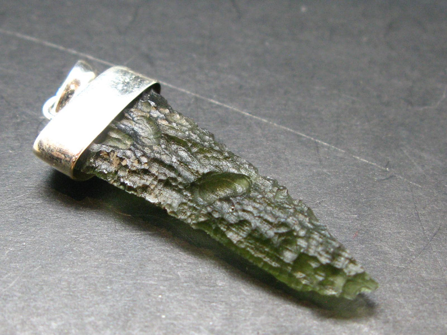Gem Moldavite Tektite SS Pendant From Czech Republic - 2.1" - 5.8 Grams
