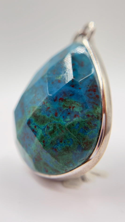 Faceted Chrysocolla Pendant Blue Green Gemstone Silver Necklace Natural Stone Statement Jewelry Gift