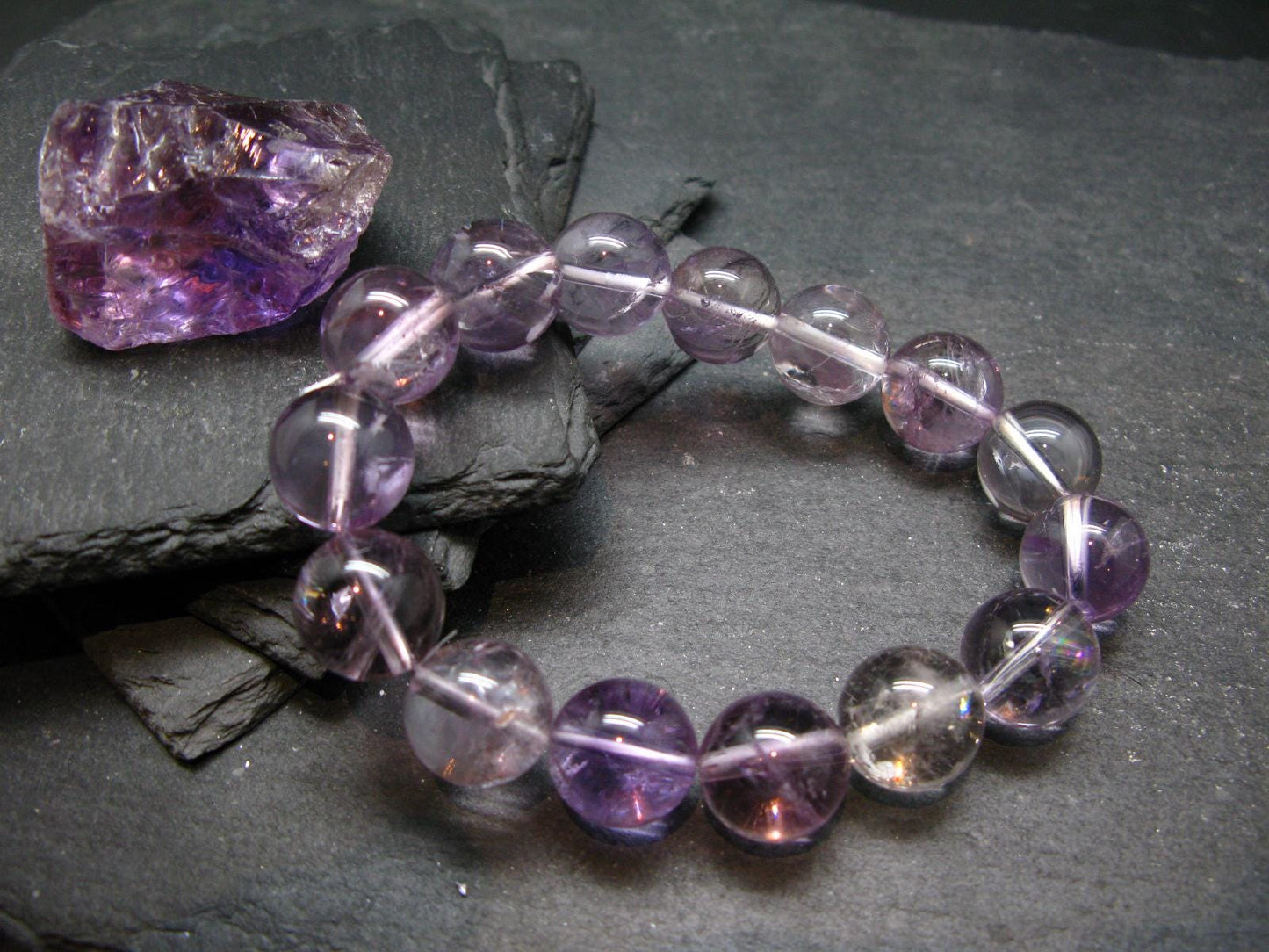 Ametrine Genuine Bracelet ~ 7.5 Inches ~ 15mm Round Beads