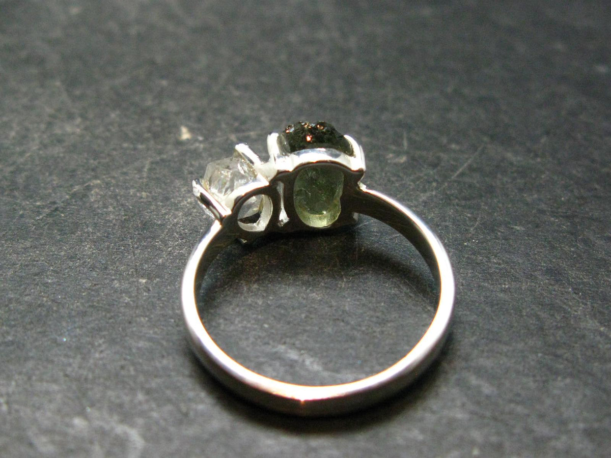 Moldavite Tektite and Herkimer Diamond Silver Ring - Size 8 - 2.80 Grams