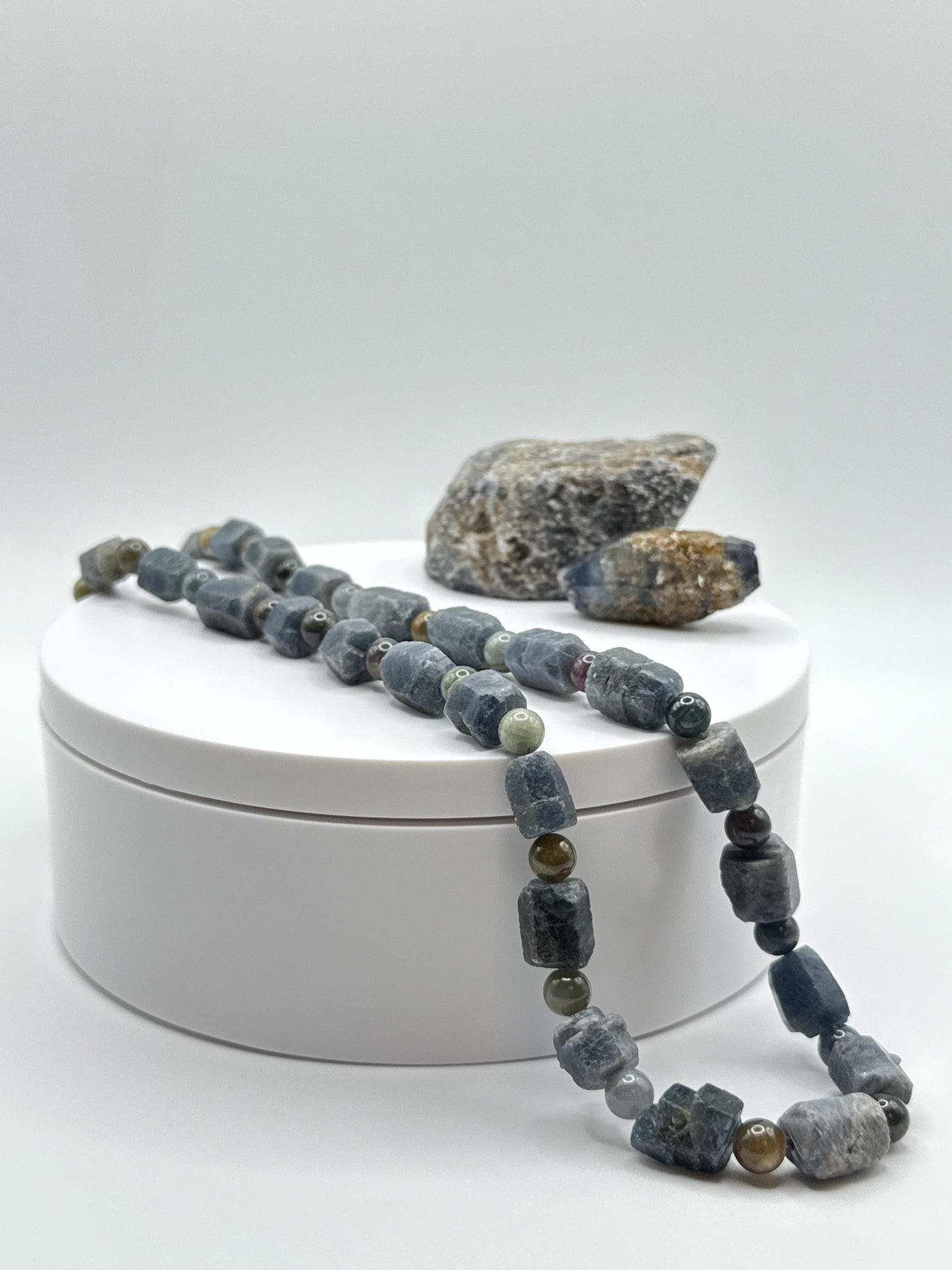 Raw Blue Sapphire Beaded Necklace: Natural Gemstone Healing Crystal