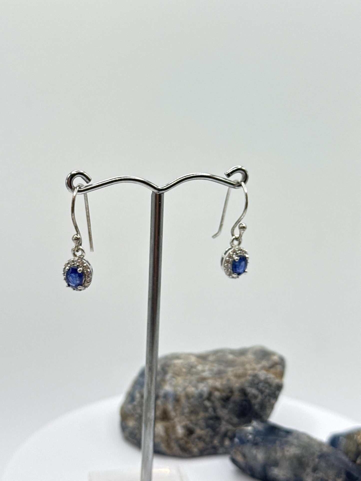 Sapphire Halo Dangle Earrings | Natural Blue Sapphire Drop Earrings | Sterling Silver Earrings | September Birthstone - Weight 2.04 Grams