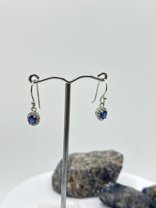 Sapphire Halo Dangle Earrings | Natural Blue Sapphire Drop Earrings | Sterling Silver Earrings | September Birthstone - Weight 2.04 Grams