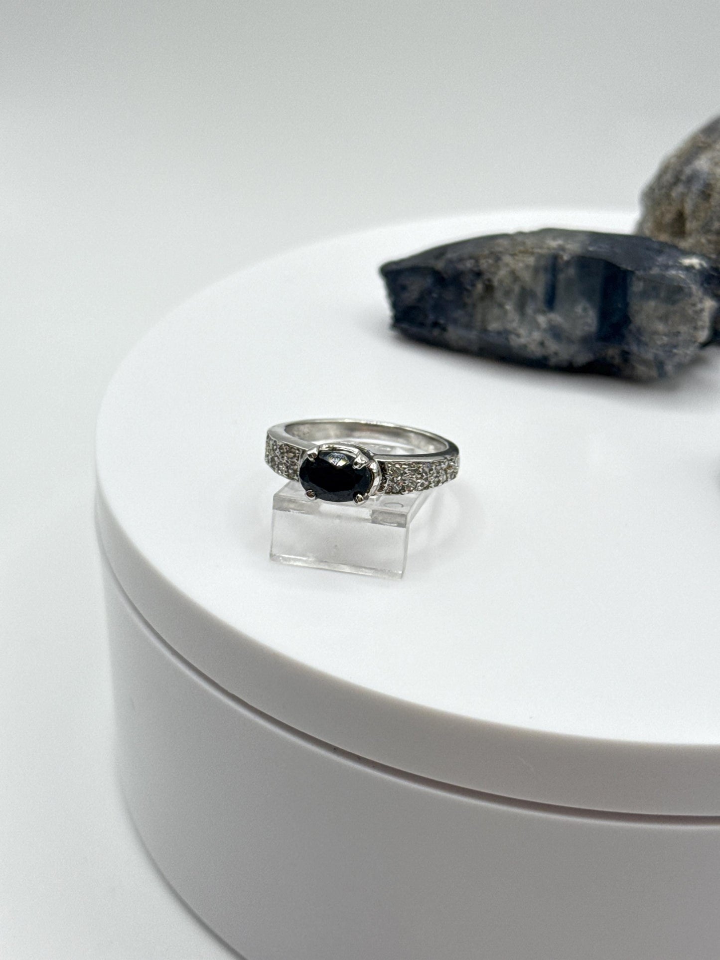 Black Sapphire Cabochon Ring | Sterling Silver Accent Stone Band, Size 6