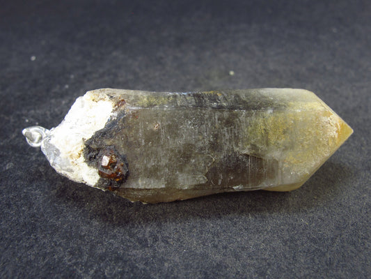 Spessartine Garnet On Smoky Quartz Crystal Silver Pendant From China - 2.0" - 14.20 Grams