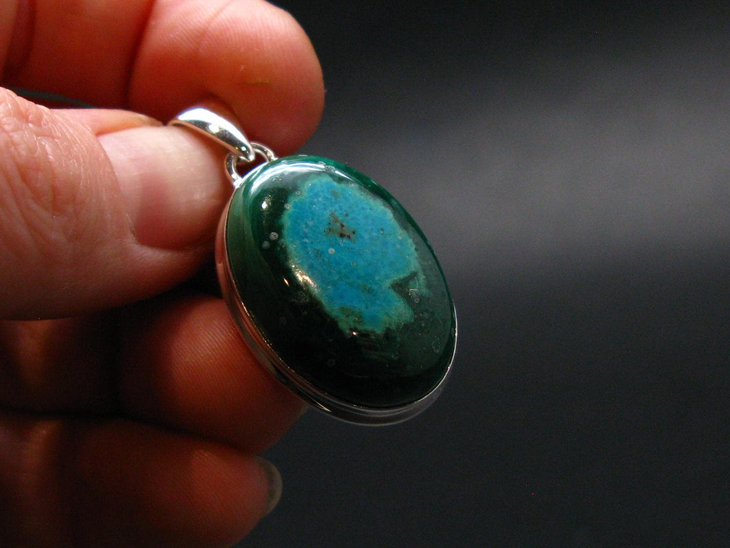 Malachite And Chrysocola Silver Plated Pendant from Congo - 1.4" - 9.49 Grams